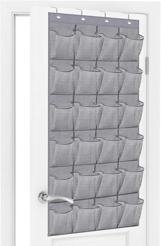 BONAVCY Over the Door Shoe Storage, Hanging Shoe Rack with 24 Mesh Pockets | Grey, Oxford Fabric Material, 24 Large Pockets, 4 Hooks, Breathable, Space Saving, Back of Door Shoe Storage