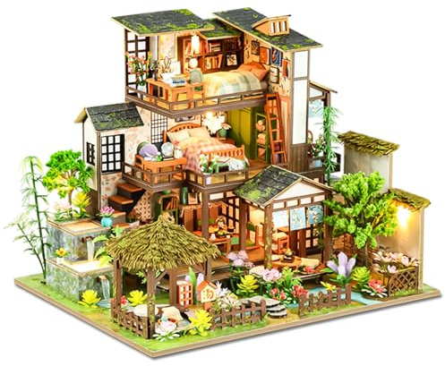 Spilay Miniatur Haus, Japanisches Gartenhaus Puppenhaus Holz | DIY Miniature House mit LED-Licht und Musikbox, 3D Puzzle für Erwachsene, Miniatur Bausatz, Regal Deko Geschenk
