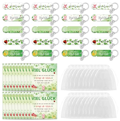 PIAKAZIQA Weihnachten Viel Glück Geschenke, 20er Neujahr Schlüsselanhänger | Acryl Vierblättriges Kleeblatt Einkaufswagenchip mit Grußkarte Organza Säckchen Klein Abschied Geschenke für Freunde Kollegen