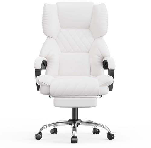 naspaluro Chaise Bureau Ergonomique avec Repose-Pieds, Chaise 150 kg Blanc | Chaise Bureau avec Repose-Pieds, Fauteuil Direction cuir PU Inclinable avec Roulettes, Coussin épaissi, Hauteur Réglable