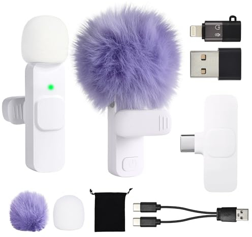 White Purple Wireless Lavalier Microphone for iPhone Android Phone Tablets iPad PC, 2 Mini Clip on Mic with 8h Use, 65ft Range, Noise Reduction, USB C/A/Lightning for Vlogging Podcast Tiktok Youtube