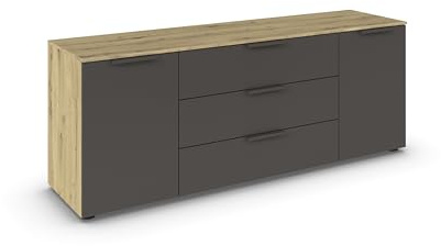 Rauch Möbel Flipp, Kommode, Farbe Graphit/Eiche Artisan, Breite 160 cm | Sideboard, 2-türig, 3 Schubladen, Soft-Close-Funktion, für Schlafzimmer, Gästezimmer, Wohnzimmer, Garderobe, Flur