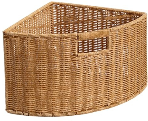 Fenteer Triangle Storage Basket Large Capacity Corner Organizer Bin with Handle, Woven Narrow Cabinet Shelf Box Corner Storage Basket for Living Room, Bathroom, Kitchen, Middle Handle