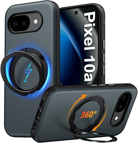 Oterkin 360° Spin Stand for Google Pixel 10a Case Magnetic, Compatible with MagSafe, 12FT Military Protection 360° Rotatable Ring, Shockproof Non-slip Matte Slim Phone Case for Pixel 10a, Black