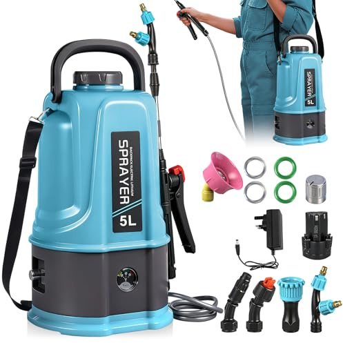 Dibaful Akku Drucksprüher 5L Elektrische mit 12V 2000mAh Akku Einstellbarer 0-45 PSI | Kompatibel mit 12V Batterie Drucksprühgerät mit 5 Düsen für Gartenspritze Unkrautspritze Wassersprüher