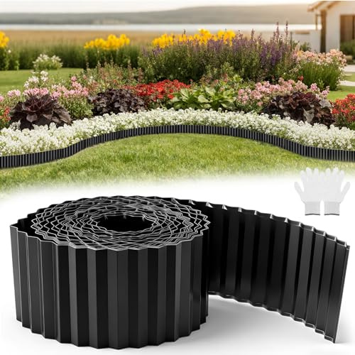wowspeed 10m Rasenkante aus Verzinkt Stahl 1 Stück, Rasenkanten 15cm Höhe Beeteinfassung Gewellte, Beetumrandung aus Metall, Mähkante Beetbegrenzung Flexible für Garten, Wetterbeständig Schwarz