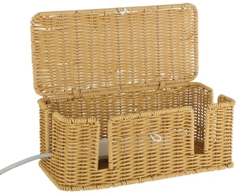Cable Management Box, 13.0 x 5.9 x 5.1 in Imitation Rattan Cable Organizer with Wood Bead Lid, Decorative Cord Hider Box for Hiding Power Strips and Desktop Wires in Home, Office, Bedroom
