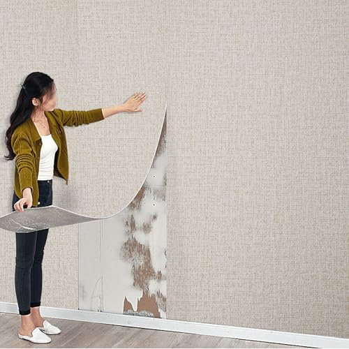 Swehooirt 3mm Thicken Plain Beige Self Adhesive Insulation Thermal Wallpaper Roll Peel and Stick Linen Textured Wallpaper Waterproof Bathroom Ceiling Panels Kitchen Living Room Bedroom
