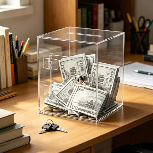 Spardose Durchsichtig, HOVCEH Spendenbox Abschließbar, Spardose Acryl Transparente, Spardos-e Nicht zum Öffnen, Sparschwein mit Schlüssel für Abstimmung Sparen Spende, 15 * 12 * 20cm