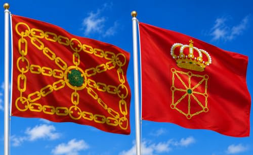 PACK DE 2 BANDERAS NAVARRAS. COMUNIDAD FORAL DE NAVARRA + ESTANDARTE REAL NAVARRA. OFERTA SAN FERMIN. CALIDAD RASO PREMIUM 120D. TAMAÑO GRANDE 150X90 CM