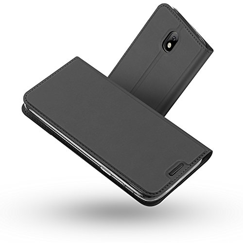 Radoo Galaxy J3 2017 Hülle, Premium PU Leder Handyhülle Brieftasche-stil Magnetisch Folio Flip Klapphülle Etui Brieftasche Hülle Schutzhülle Tasche Case Cover für Samsung Galaxy J3 2017 (Schwarz grau)
