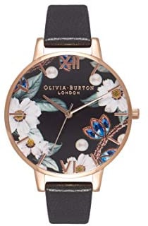 Olivia Burton Analog Quarzuhr für Damen Kollektion Bejewelled Florals mit Schwarzes Lederarmband - OB16BF04
