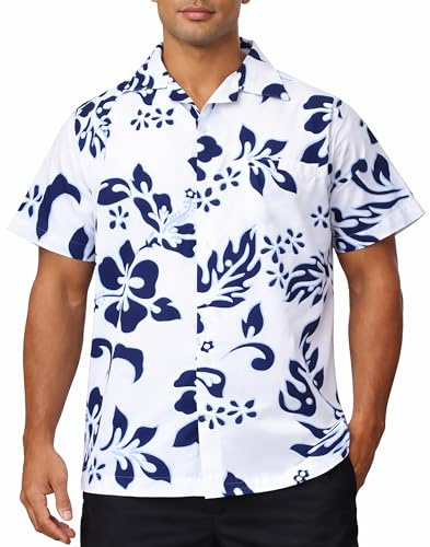 King Kameha Funky-Hawaii-Hemd, Kurzarm, Hibiscus, Weiß-Navy, 6XL