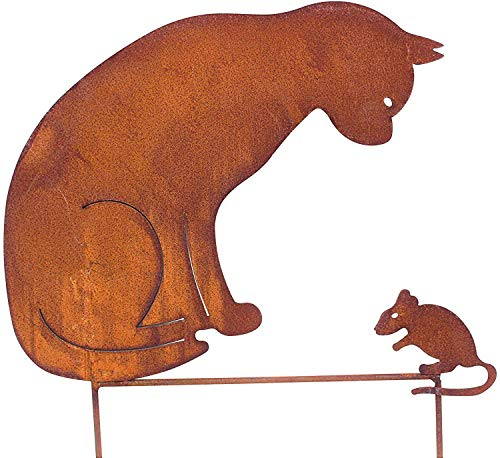 Bornhöft Gartenstecker Katze + Maus 50cm höhe Metall Rost Gartendeko Edelrost