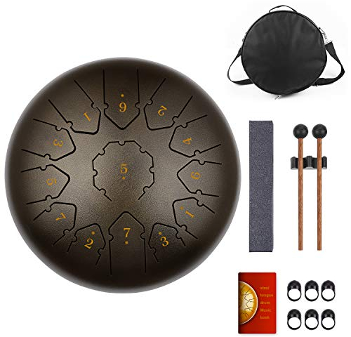 KUD Tongue Drum, 12 Zoll 13 Tone C-Dur Zungentrommel Schlagzeug Instrument, Steel Pan Töne Schlaginstrument Hand Pan Drum mit Trommelschlägeln Tragetasche Note Sticks für Meditation Yoga Klangheilung