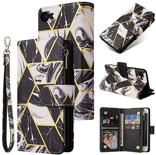 DEFBSC Case for iPhone 7/8/SE 2020/2022, Premium PU Leather Geometric Marble Pattern Zipper Wallet Case with Detachable Wrist Strap, Magnetic Closure Card Slots Shockproof Marble Flip Case - Black