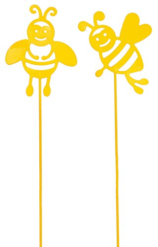 B2S BACK2SEASON 2 x Blumenstecker Biene am Stab Metall Blumen Stecker Gartenstecker Gartendekoration gelb H37,5 cm 2er Set
