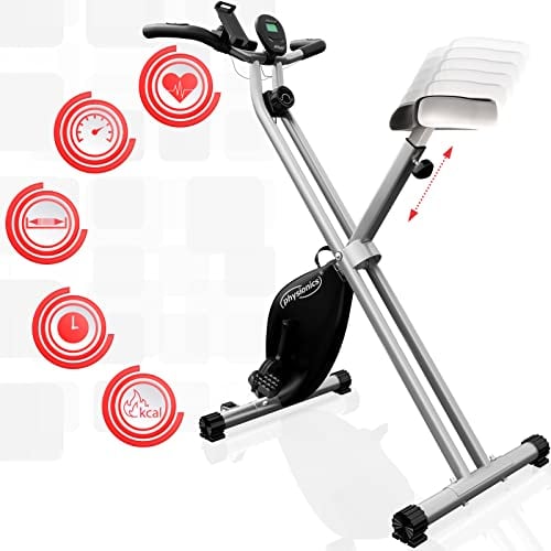 Physionics® Heimtrainer - LCD-Display, Verstellbar, Klappbar, bis 120 kg, Grau, mit Transportrollen, Pulsmesser, Telefonhalterung - Ergometer, Fahrradtrainer, Hometrainer, Fitnessfahrrad, Fitnessbike