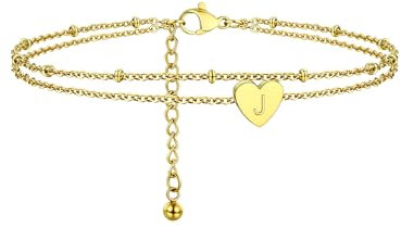 PROSTEEL Bracelet de Cheville Coeur Doré Femme Pendentif Mignon Gravé de Lettre J Double Chaîne 22+5cm Bijou Initiale