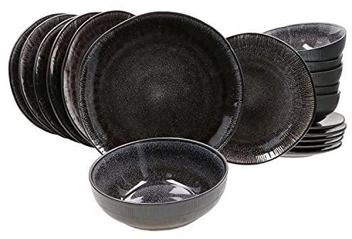 MamboCat Reactive Glaze Black Geschirr-Set 18-teilig Zakynthos I Kombi-Service für 6 Personen I Tafel-Service mit je 6X Speiseteller - Kuchenteller & Müslischale I Steingut-Set handgefertigt
