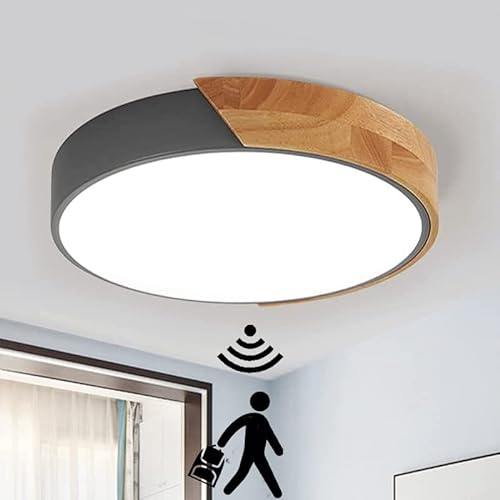 LED Holz Deckenleuchte mit Bewegungsmelder Innen Sensorlampe Modern Runden Deckenlampe mit Tageslichtsensor Decke Lampe für Flur Korridor Treppe Wohnzimmer Balkon Küche Veranda Büro (Schwarz,30cm)