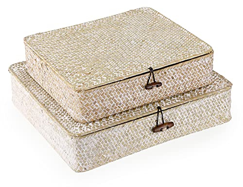 IGNPION Set of 2 Seagrass Storage Basket with Lid Handmade Weave Hamper Shelf Cabient Organiser Baskets Chest Multipurpose Container (whitewash)