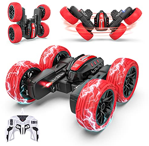 BEZGAR TD202MINI Ferngesteuertes Auto - 4WD 2,4 GHz Doppelseitiges RC Stunt Car, 360° drehendes RC Auto mit LED-Licht, Wiederaufladbare Spielzeug Geschenke für Jungen Kinder Mädchen, Rot