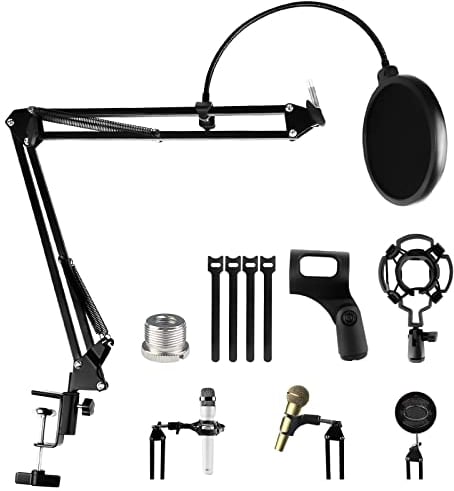 Relota Soporte de Microfono Ajustable, Brazo de Soporte Negro con Filtro Pop, Clip de Micrófono, Shock Mount, 5 Bridas de Cables, Suspensión Tijera