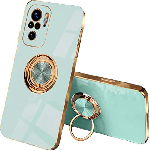 UPLAI Stilvoll Hülle für Xiaomi Redmi Note 10 4G/Redmi Note 10S/Poco M5s, Slim Stoßfest Galvanik-Design Handyhülle Case mit Ringhalter, Sanft TPU Silikon Bumper Schutzhülle Cover.Hellgrün