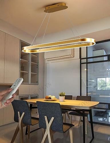WJYCYN Dimmbar Oval LED-Kronleuchter Pendelleuchte moderner Esstisch Büro mit den Fernbedienung ring Hängelampe höhenverstellbar Blendfreesszimmer Arbeitszimmer Küche leuchte (Gold, L120cm 108W)