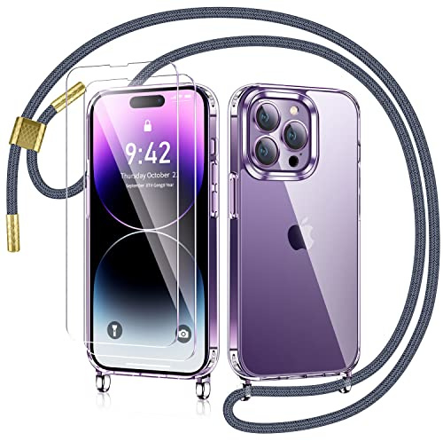 AROYI Handykette für iPhone 14 Pro Hülle mit Band Und 2 Stück Schutzfolie, Transparent Ultra Hybrid Handyhülle für iPhone 14 Pro mit Kette zum Umhängeband Abnehmbar Stossfest Hülle - Grau