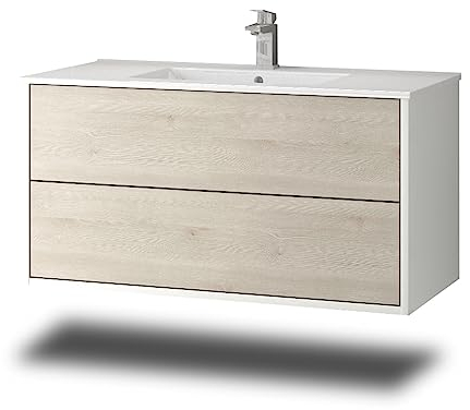 Stil.Zeit Evelia Badmöbel inkl. Waschbecken | Waschtisch mit Unterschrank 100.5 cm | Weiß/Dekor Pinie| Push-to-Open/hängend
