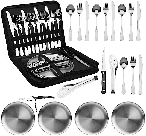 Portable Camping Cutlery Set, 20pcs Stainless Steel Camping Tableware Set with Case Spoons Forks Knife Clip Plate, Outdoor Hiking Picnic Travel Cutlery Set for 4 People