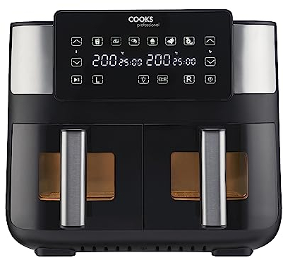 Cooks Professional 8 Litre Dual Digital Air Fryer with Double Twin Basket & Glass Windows | Stainless Steel Energy Saving Instant Fryer with Double Drawers & Preset Functions | 8L Capacity (XL)