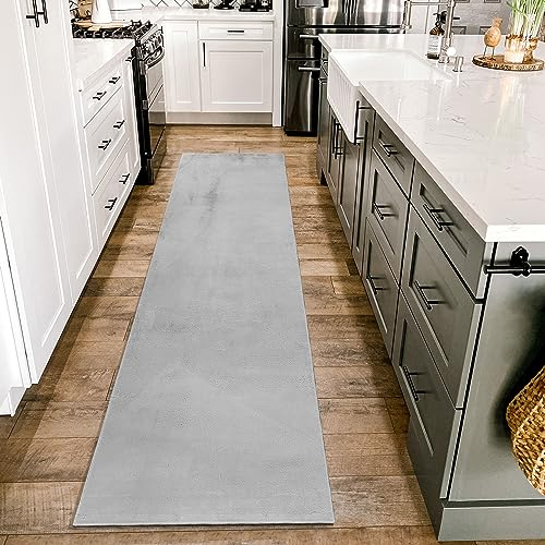 HomebyHome Teppich Wohnzimmer 80x250 cm Läufer Flur Silber Waschbarer Hochflor Flauschiger Teppiche Moderne Design - Küchenteppich Waschbar Shaggy Extra Weich Teppich für Schlafzimmer Küchenläufer
