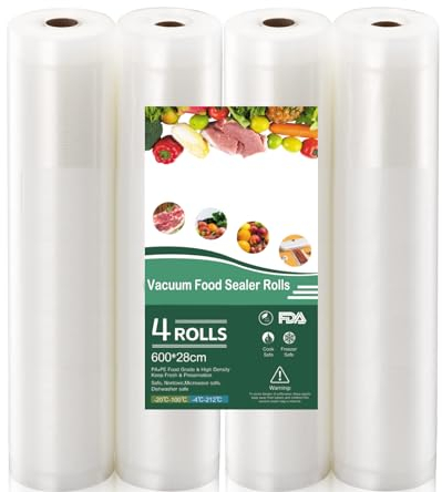 Vakuumrollen 4 Rollen 28x600cm, Wiederverwendbar BPA-frei Vakumierfolienrollen für Vakuumierer & Lebensmittel Vakuumiergerät, für Vakuumierer und Folienschweißgeräte Geeignet