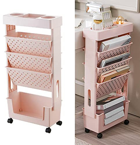 BestAlice Scaffale Mobile con Ruote, Scaffale per Libri a 5 Livelli, Libreria Unica Mobile Rimovibile, Scaffale Organizzativo Girevole in Plastica di Grande capacità(Rosa)