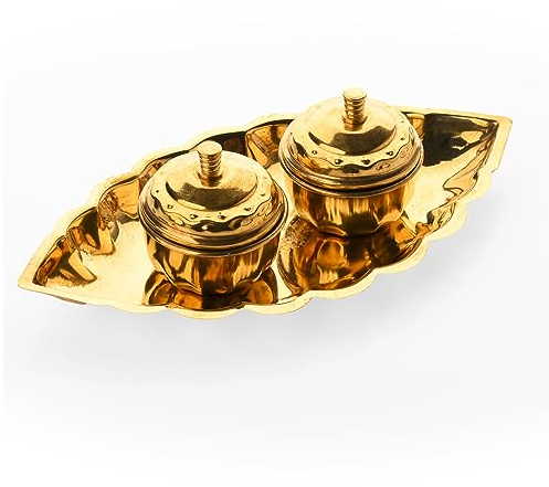 Tarini Gallery Brass Kankavati Pital Roli Chawal Platter Set Haldi Kumkum small Dabbi attached thali with lid Puja Plate for Tilak for Home Mandir Temple Pooja and Gifting (Design-1)