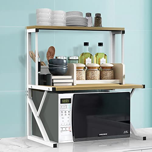 Scaffalatura Mobile Scaffale Porta Spezie Microonde Struttura in Metallo con 2 Ripiani Mensole in Legno Organizer Mensola Porta Utensili Strumenti Cucina Design Moderno-65*54*30 cm-giallo noce