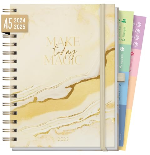 Häfft® Lieblings-Timer Deluxe Kalender 2024/2025 A5 Golden Marble Juli 24 bis Dez 25 - Terminplaner, Spiralkalender, Terminkalender, Wochenplaner, Ringbuch Planner - nachhaltig & klimafreundlich