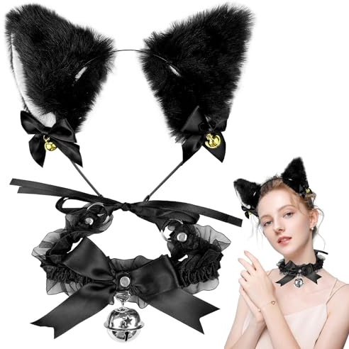 Katzenohren Haarreif, Cat Ears und Glöckchen Halskette, Katzenohren, Katzenohren Haarreif Damen, Katzen Ohren Geeignet für Cosplay Kostümpartys Halloween Karneval Maskerade (Schwarz)