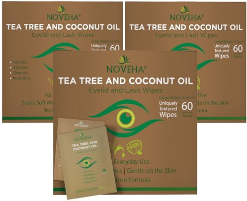NOVEHA Teebaum- und Kokosöl-Augenlid- und Wimpern-Tücher, für Demodex, Blepharitis und juckende Augen, effektive Wimperntücher mit Aloe Vera, natürlichem Make-up-Entferner und täglichem Augenreiniger