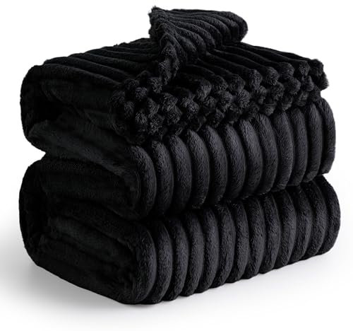BEDSURE Kuscheldecke Flauschig - Wolldecke & Fleecedecke, Sofadecke, Weiche Warme Grobe Korddecke für Zimmer Deko, Wohn- & Kuscheldecken, Tagesdecke, Große Decke, Schwarz, 230 x 270 cm
