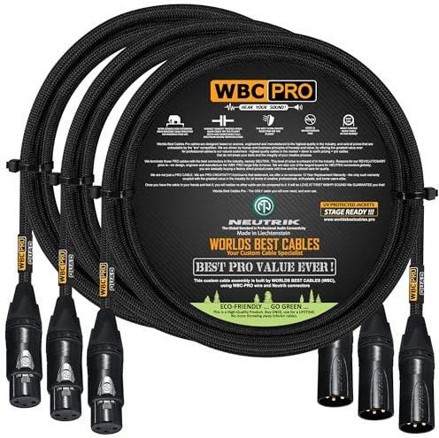 3 Units - 2 Foot - WBC-PRO-QUAD Ultra-Silent Ultra-Flexible Balanced Star-Quad Cable with Neutrik Male & Female XLR Plugs & Black Tweed Jacket