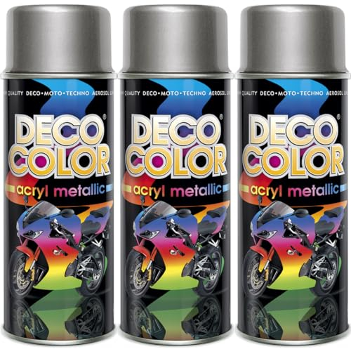 Deco Color 3er Sparpack Lackspray 400ml - Sprühlack mit Effekt für z.B. KFZ, Fahrrad uvm. (3 Dosen Lackspray Silber mit Metallic-Effekt)