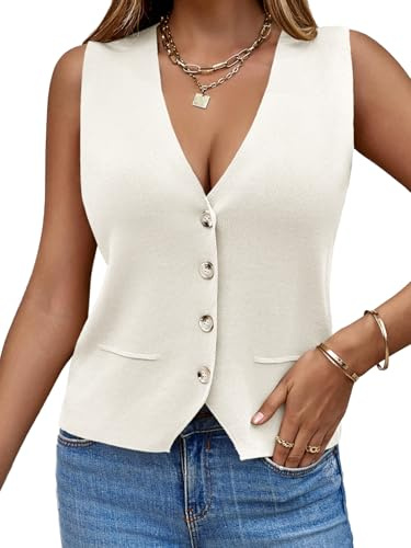 Saodimallsu Damen Ärmellos Pullover Weste Stricken V Hals Knopf Mode Lässig Lose Strickjacke Frauen Sommer Strickweste Pullover