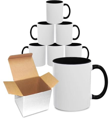 Sublimation Mugs 11oz Blank with Coloured Large Handle & Inner with Box | Durable, Ceramic Orca Finished Mugs Perfect for Custom & DIY Printing, for Loved Ones | Black Bulk Pack of 6