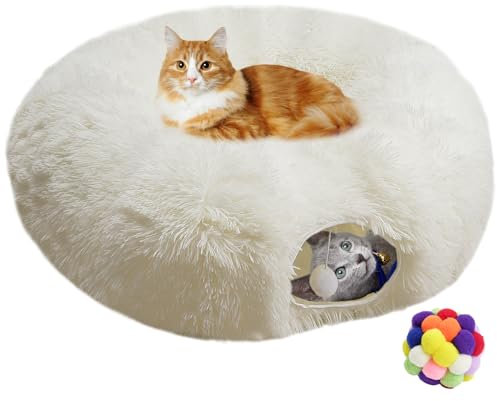 Naielfopet White Fluffy Warm Plush Cat Round Tunnel Tube, Soft Collapsible Multi-Combinations Cat Donuts Bed for Kitty Kitten Puppy Rabbit Ferret