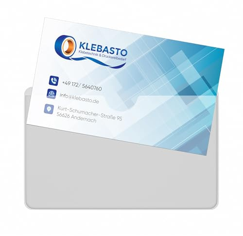 KLEBASTO Visitenkartentaschen selbstklebend | transparent | Visitenkartenhüllen zum kleben | Kartenhüllen zum einkleben | Selbstklebetaschen Glasklar Daumenaussparung breite Seite offen (100)