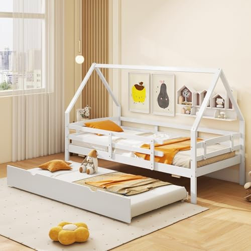 COSTWAY Hausbett 90x200 cm, Kinderbett mit Ausziehbett, Rausfallschutz und Lattenrost, Kleinkinderbett, Jugendbett, Holzbett für Kinder, Weiß
